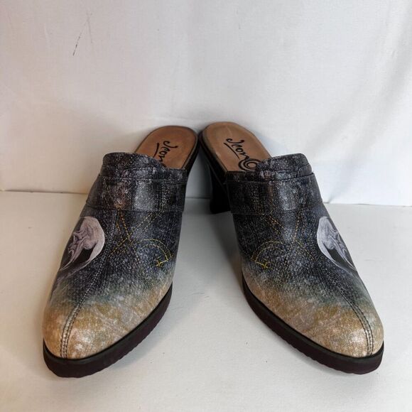 Icon "Pug in Denim" Leather High Heel Mules Slip On Clog Size 10M - Picture 6 of 11